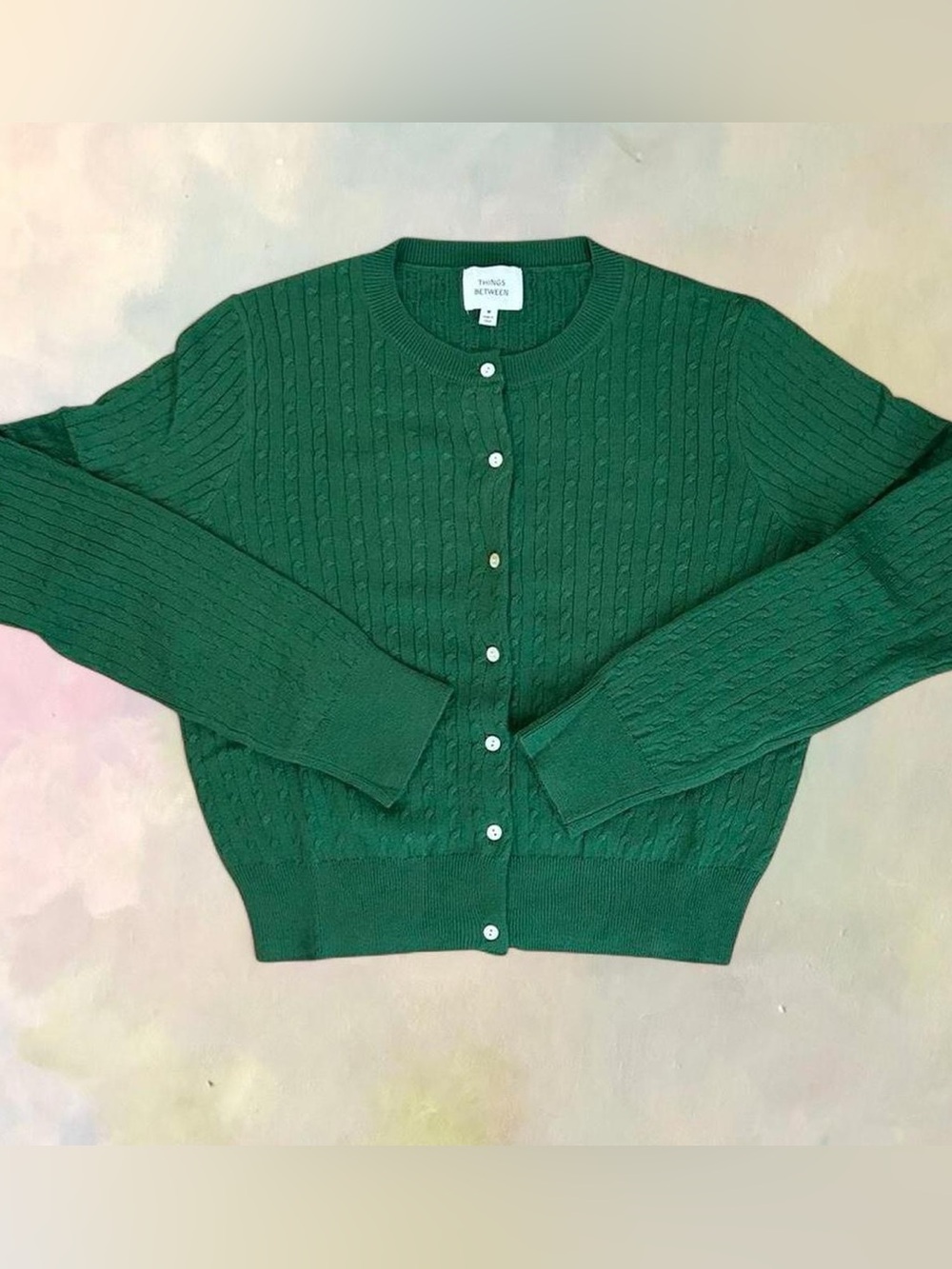 Things Between Cable Knit Button Cardigan Sweater Green Size M Preppy Academia